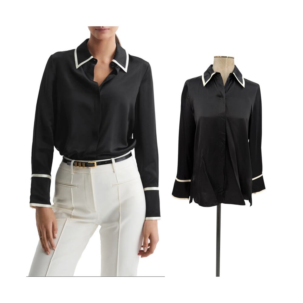 Reiss Murphy Tipped Silk Shirt Black Contrast Trim Button Front US 4 NWT